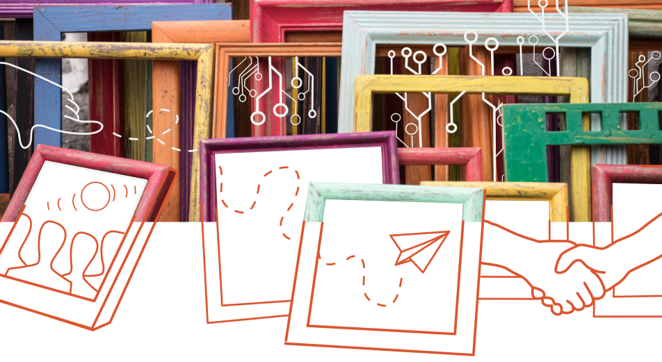 Our Work - Illustration with a photograph of picture frames being filled in by drawings